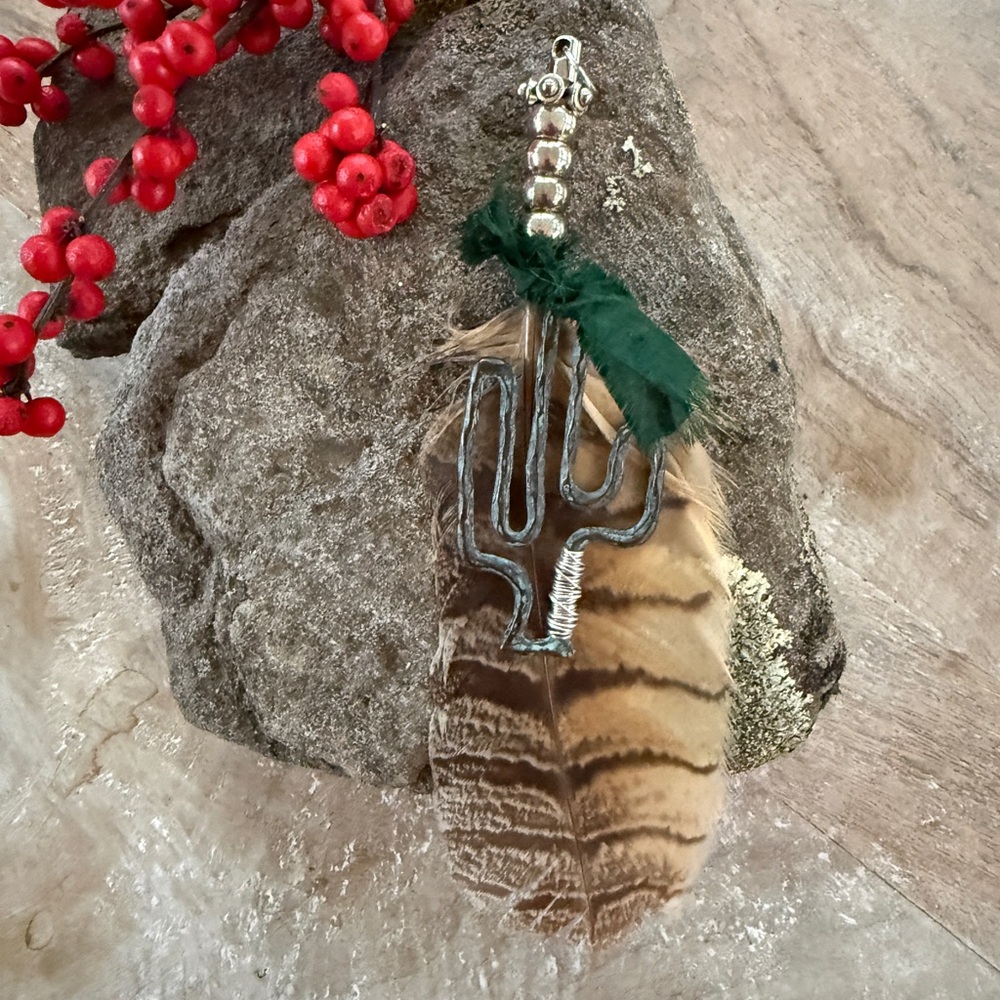 Silver Cactus Feather ornament/bag tag